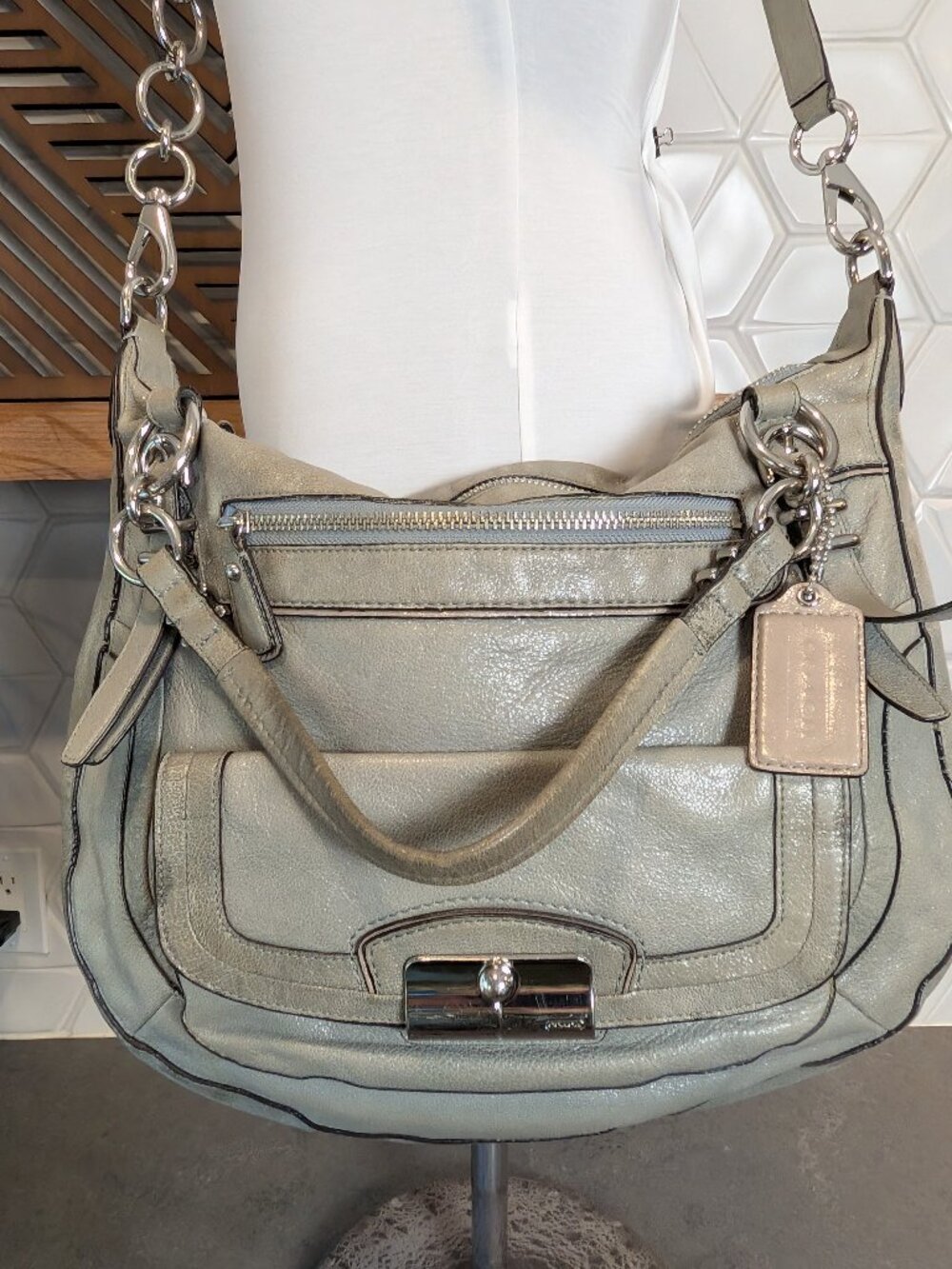 Rare Vintage Beautiful Soft Sage Green Large Heavy Leather Coach Handbag